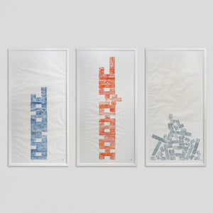Jenga Triptych by Jonathan Ford Studio | A compelling 3 piece original print drawing parallels to capitalism and practices built on unstable ground. The chosen print colours hint at the American Flag. Perfect centrepiece artwork for your interior space.