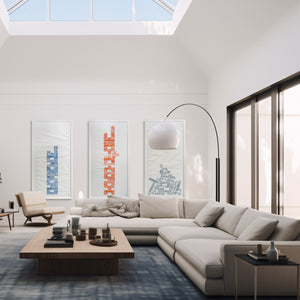 Jenga Triptych by Jonathan Ford Studio | A compelling 3 piece original print drawing parallels to capitalism and practices built on unstable ground. The chosen print colours hint at the American Flag. Perfect centrepiece artwork for your interior space.