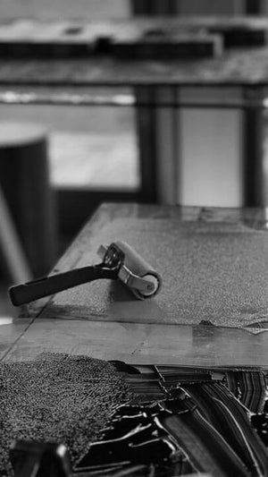 Rollers prepared for mono relief in Jonathan Ford's studio