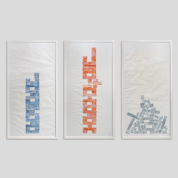 Jenga Triptych by Jonathan Ford Studio | A compelling 3 piece original print drawing parallels to capitalism and practices built on unstable ground. The chosen print colours hint at the American Flag. Perfect centrepiece artwork for your interior space.